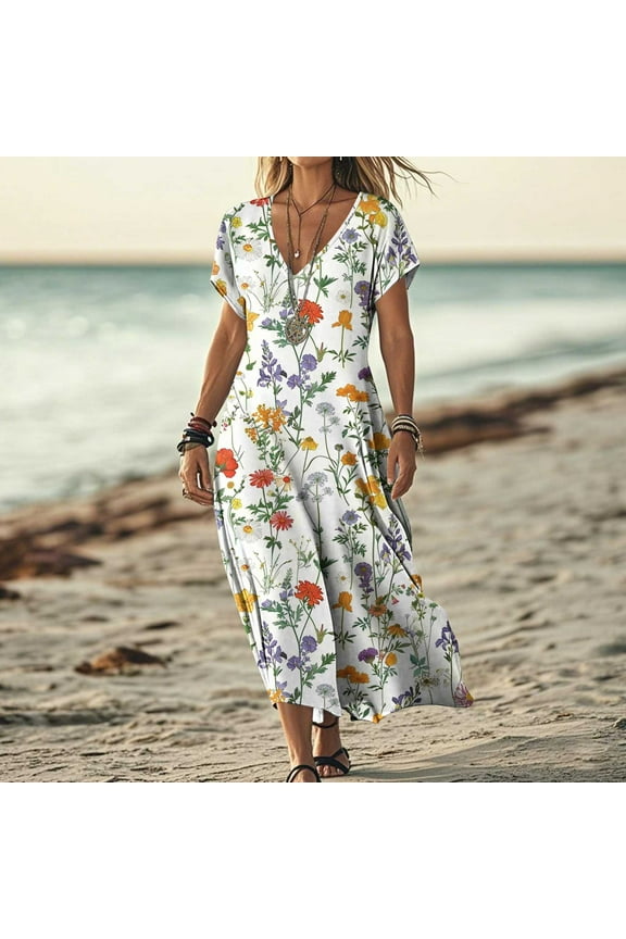 2025 Women's V-Neck Maxi Dress - Casual Short Sleeve Loose Fit Beach Sundress with Pockets, Jersey Knit A-Line Flowy Long Dress