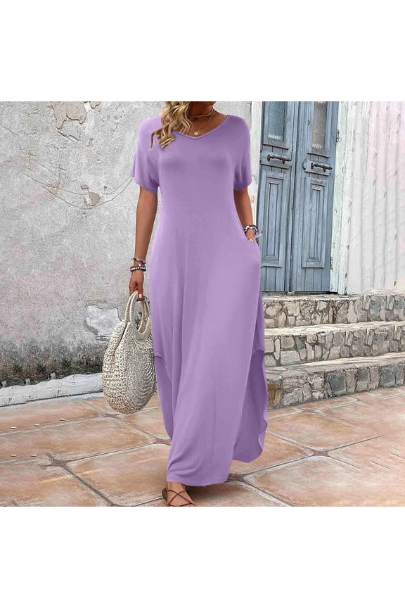 2025 Women's V-Neck Maxi Dress - Casual Short Sleeve Loose Fit Beach Sundress with Pockets, Jersey Knit A-Line Flowy Long Dress