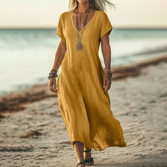 FDGIU 2025 Women's V-Neck Maxi Dress - Casual Short Sleeve Loose Fit Beach Sundress with Pockets, Jersey Knit A-Line Flowy Long Dress