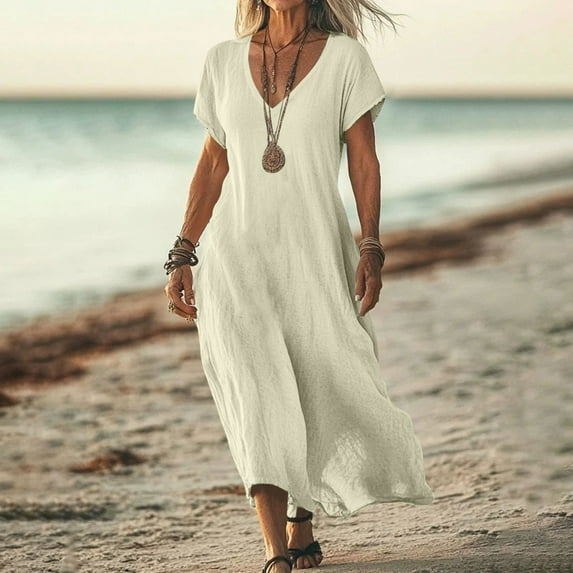 FDGIU 2025 Women's V-Neck Maxi Dress - Casual Short Sleeve Loose Fit Beach Sundress with Pockets, Jersey Knit A-Line Flowy Long Dress