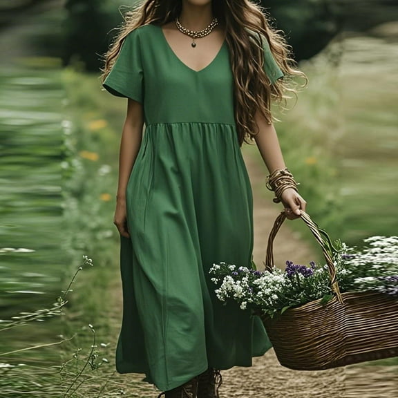 FDGIU 2025 Women's V-Neck Maxi Dress - Casual Short Sleeve Loose Fit Beach Sundress with Pockets, Jersey Knit A-Line Flowy Long Dress