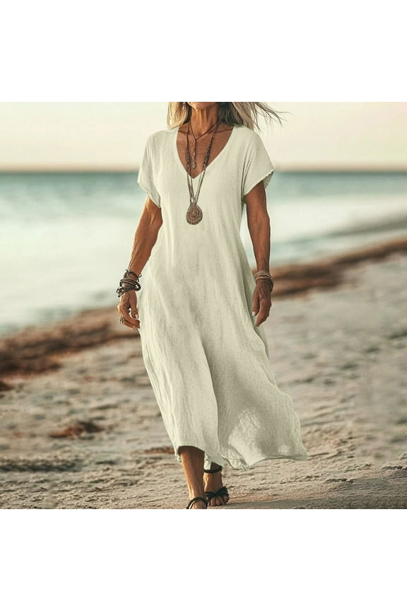 2025 Women's V-Neck Maxi Dress - Casual Short Sleeve Loose Fit Beach Sundress with Pockets, Jersey Knit A-Line Flowy Long Dress