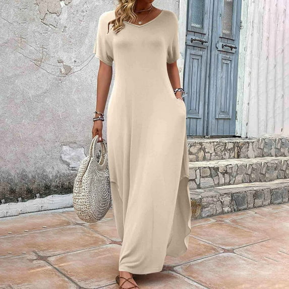 FDGIU 2025 Women's V-Neck Maxi Dress - Casual Short Sleeve Loose Fit Beach Sundress with Pockets, Jersey Knit A-Line Flowy Long Dress