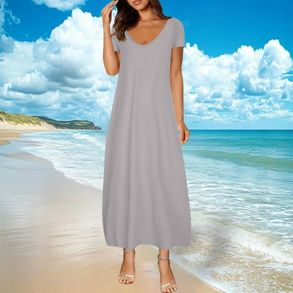 FDGIU 2025 Women's V-Neck Maxi Dress - Casual Short Sleeve Loose Fit Beach Sundress with Pockets, Jersey Knit A-Line Flowy Long Dress
