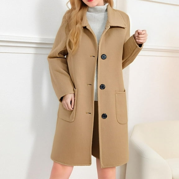 FDGIU 2025 Women's Wool Blend Pea Coat - Shawl Collar Midi Length Double Breasted Coat, Warm Winter Work & Casual Outerwear