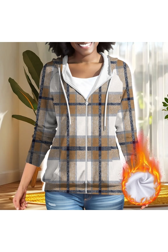2026 Fall Winter Women's Tartan Plaid Fleece Lined Full Zip Hooded Jacket, Raglan Rib Long Sleeve Loose Zip Up Hoodie Coat for Daily Warm Layering