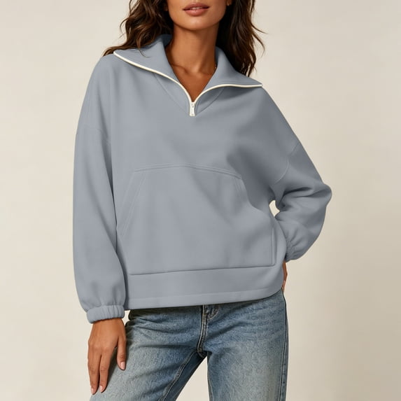 FDGIU 2026 Spring Fall Women's Contrast Trim Quarter Zip Lapel Collar Cropped Sweatshirt, Long Sleeve Solid Loose Pullover Top with Front Pocket for Daily Layering