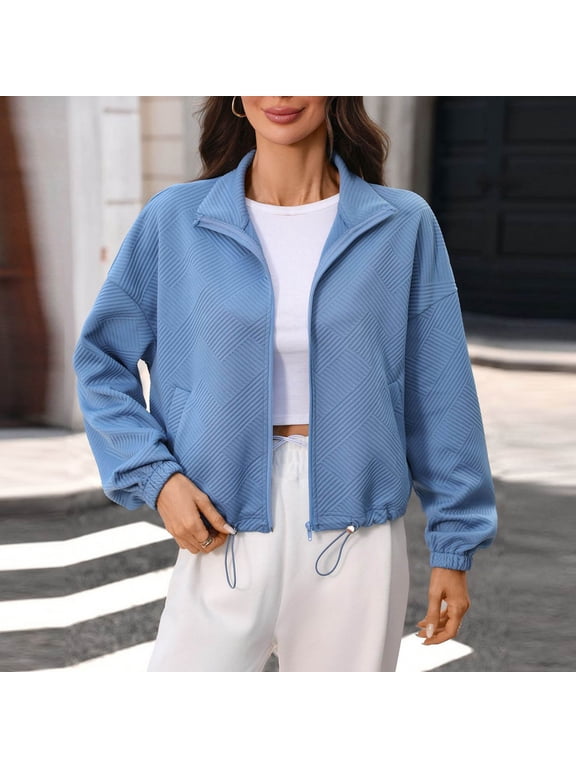 2026 Spring Fall Women's Full Zip Stand Collar Textured Cropped Jacket, Bubble Long Sleeve Solid Loose Quilted Sweat Coat with Side Pockets for Lounge Daily Outerwear