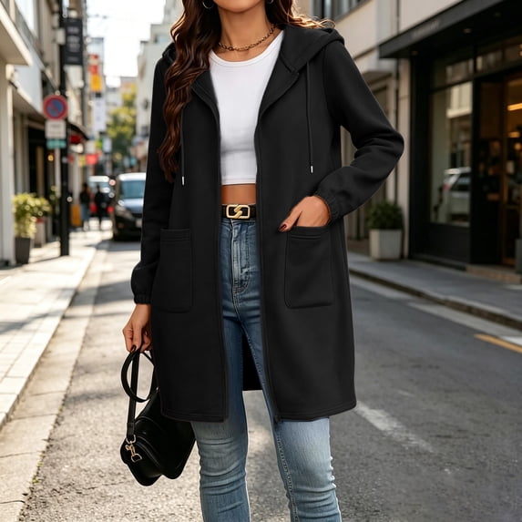 FDGIU 2026 Spring Fall Women's Mid Length Full Zip Drawstring Hooded Coat, Elastic Cuff Long Sleeve Loose Zip Up Fleece Hoodie Jacket with Big Patch Pockets for Daily Layering