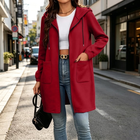 FDGIU 2026 Spring Fall Women's Mid Length Full Zip Drawstring Hooded Coat, Elastic Cuff Long Sleeve Loose Zip Up Fleece Hoodie Jacket with Big Patch Pockets for Daily Layering