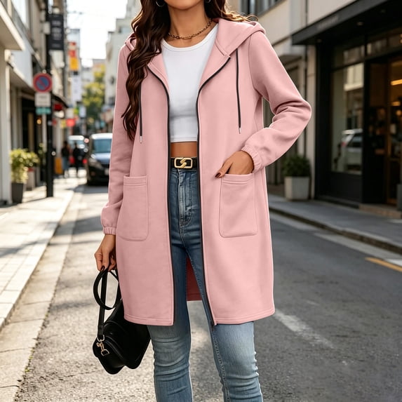 FDGIU 2026 Spring Fall Women's Mid Length Full Zip Drawstring Hooded Coat, Elastic Cuff Long Sleeve Loose Zip Up Fleece Hoodie Jacket with Big Patch Pockets for Daily Layering