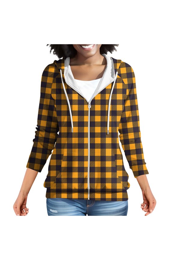 2026 Spring Fall Women's Plaid Full Zip Drawstring Hooded Jacket, Raglan Rib Long Sleeve Loose Zip Up Hoodie Coat with Kangaroo Pocket for Daily Layering