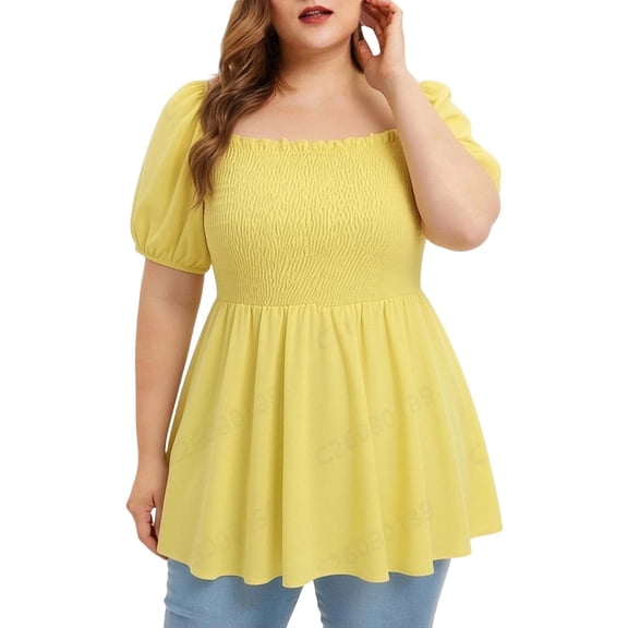 FDGIU 2026 Summer Plus Size Square Neck Puff Sleeve Smocked Peplum Blouse, Ruffle Trim Flared Hem Casual Top