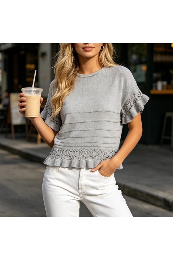 2026 Summer Women's Round Neck Crochet Lace Knit Top, Short Sleeve Ruffle Cuff Casual Sweater Blouse