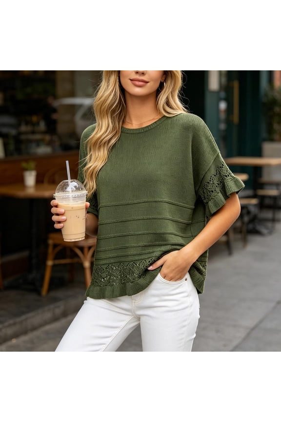 2026 Summer Women's Round Neck Crochet Lace Knit Top, Short Sleeve Ruffle Cuff Casual Sweater Blouse