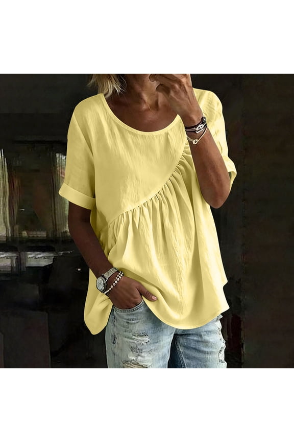 2026 Summer Women's Round Neck Diagonal Gathered Blouse, Short Sleeve Loose Fit Casual Top with Rolled Cuffs