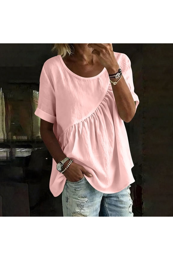 2026 Summer Women's Round Neck Diagonal Gathered Blouse, Short Sleeve Loose Fit Casual Top with Rolled Cuffs
