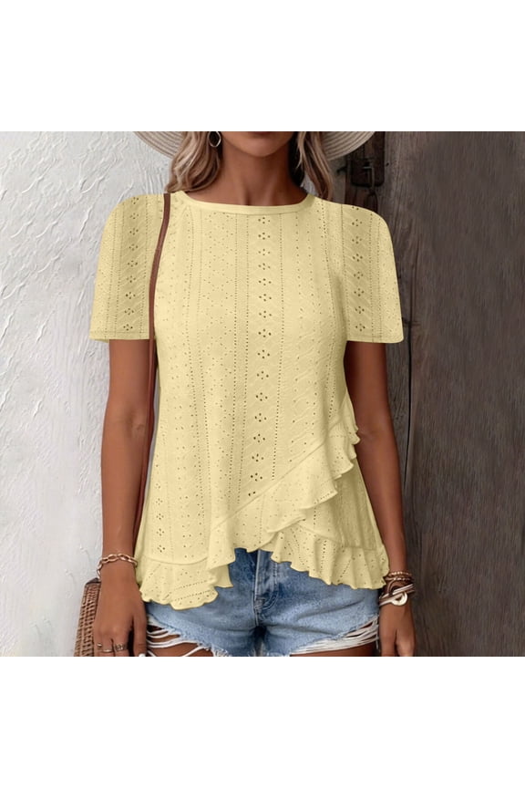 2026 Summer Women's Round Neck Eyelet Short Sleeve Peplum Top, Casual Layered Ruffle Hem Blouse for Everyday and Vacation
