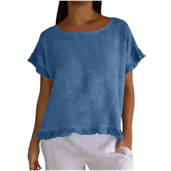 FDGIU 2026 Summer Women's Round Neck Ruffle Trim Linen Blend Blouse, Short Sleeve Loose Fit Casual Top