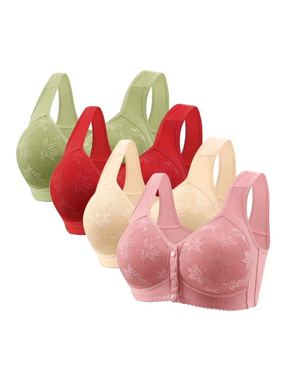 4PC 2025 Plus Size Senior Women's Front Snap Closure Bras - Wireless Daisy Print Comfort Bras for Older Women, Breathable Summer Everyday Wear with Light Push Up