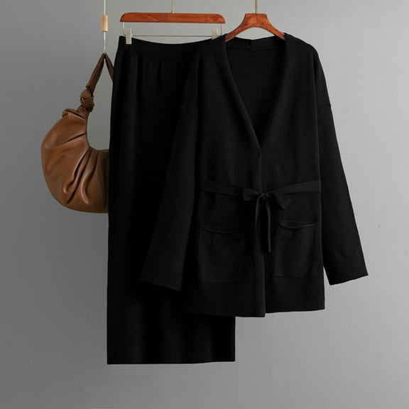 FDGIU Cardigan Sweaters for Women Trendy Cardigans Women's Casual Elastic Waist Skirt V-Neck Lace-Up Cardigan Sweater Tops Long Sleeves Blouse Two Piece Set Knitted Suit