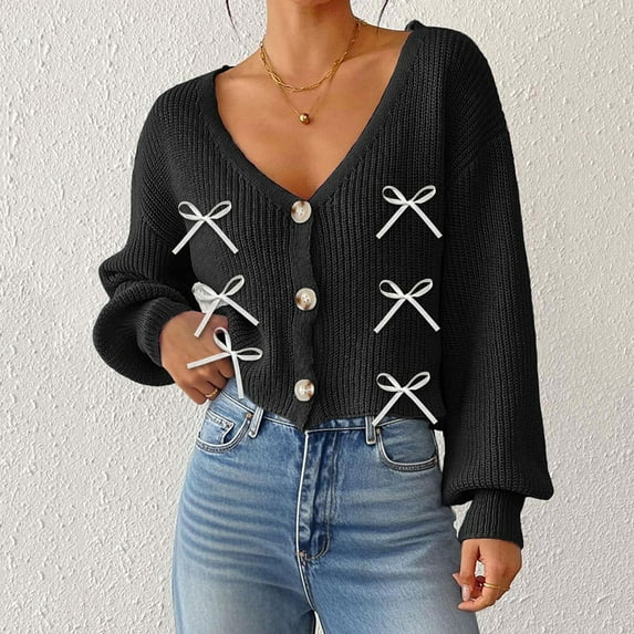 FDGIU Cardigan Sweaters for Women Trendy Cardigans Women's Casual Sweater Tops High V-Neck Long Sleeves Button Coat Jacket Knitted Blouse