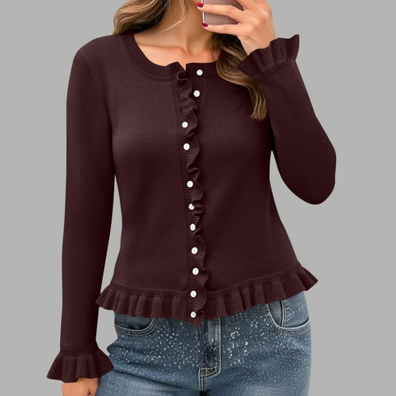 FDGIU Cardigan Sweaters for Women Trendy Cardigans Women's Solid Color Round Neck Knitted Sweater Button Up Cardigan Top
