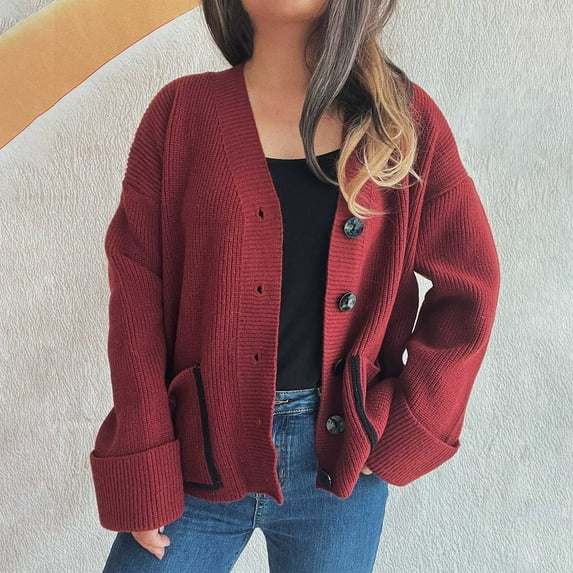 FDGIU Cardigan Sweaters for Women Trendy Cardigans Women's V-sleeve Solid Color Button-down Pocket Loose Casual Sweater Cardigan