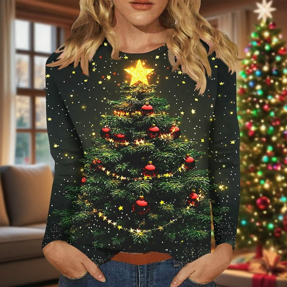 FDGIU Christmas Graphic Tops for Women - Loose Fit Tunic Blouses with Season Snowflake Print, Fall Holiday Tees,Funny Christmas Long Sleeve Tops