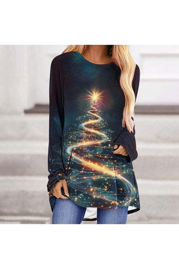 Christmas Graphic Tops for Women - Loose Fit Tunic Blouses with Season Snowflake Print, Fall Holiday Tees,Funny Christmas Long Sleeve Tops