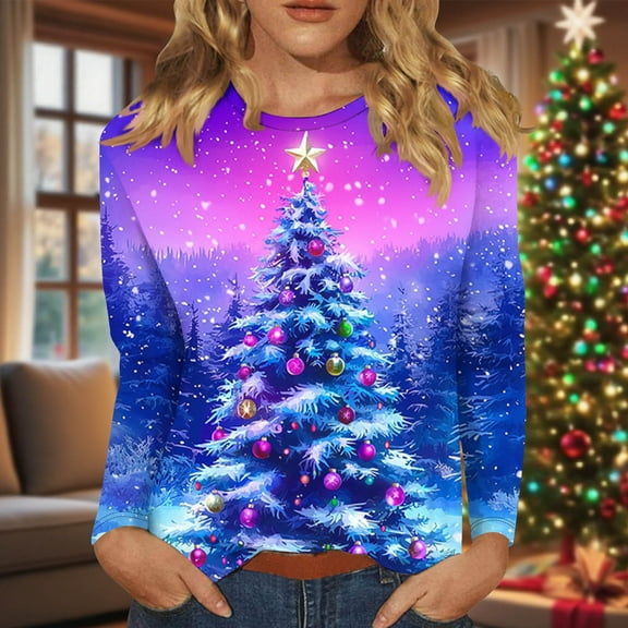 FDGIU Christmas Graphic Tops for Women - Loose Fit Tunic Blouses with Season Snowflake Print, Fall Holiday Tees,Funny Christmas Long Sleeve Tops
