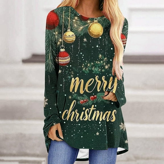 FDGIU Christmas Graphic Tops for Women - Loose Fit Tunic Blouses with Season Snowflake Print, Fall Holiday Tees,Funny Christmas Long Sleeve Tops
