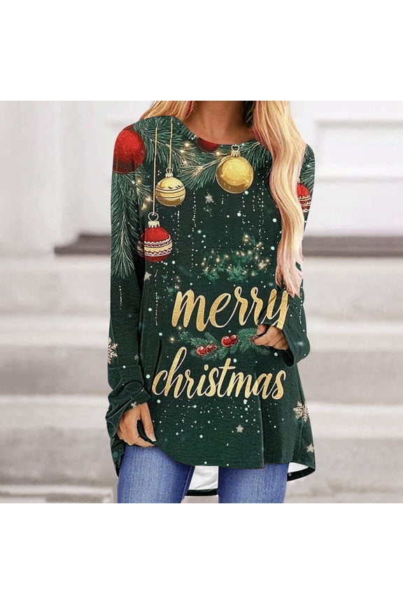 Christmas Graphic Tops for Women - Loose Fit Tunic Blouses with Season Snowflake Print, Fall Holiday Tees,Funny Christmas Long Sleeve Tops