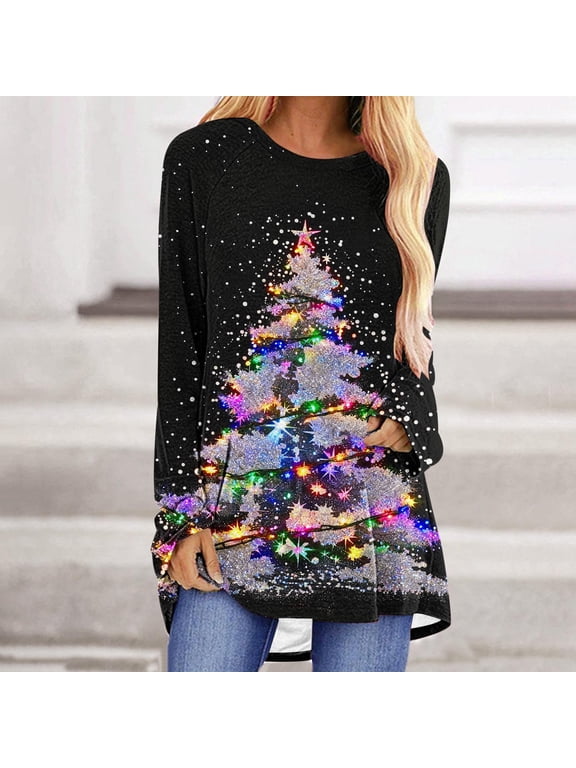 Christmas Graphic Tops for Women - Loose Fit Tunic Blouses with Season Snowflake Print, Fall Holiday Tees,Funny Christmas Long Sleeve Tops