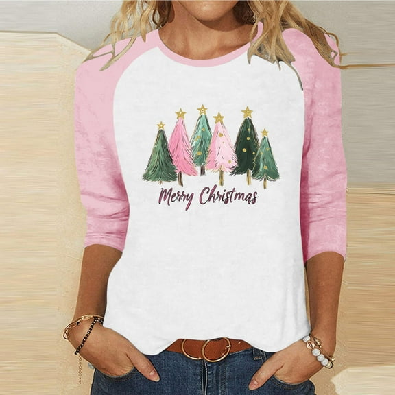 FDGIU Christmas Tree Shirts for Women 2025 3/4 Sleeve, Loose Fit Tunic Top with Xmas Tree Print, Holiday Casual Blouse