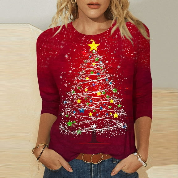 FDGIU Christmas Tree Shirts for Women 2025 3/4 Sleeve, Loose Fit Tunic Top with Xmas Tree Print, Holiday Casual Blouse