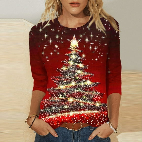 FDGIU Christmas Tree Shirts for Women 2025 3/4 Sleeve, Loose Fit Tunic Top with Xmas Tree Print, Holiday Casual Blouse