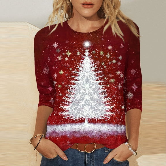 FDGIU Christmas Tree Shirts for Women 2025 3/4 Sleeve, Loose Fit Tunic Top with Xmas Tree Print, Holiday Casual Blouse