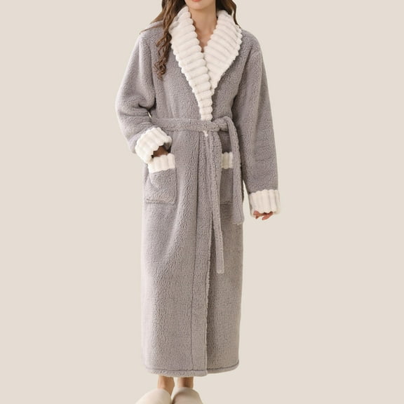 FDGIU Cozy Fleece Bathrobe for Women, Long Robe with Belt, Plush Flannel House Coat for Women Plus Size