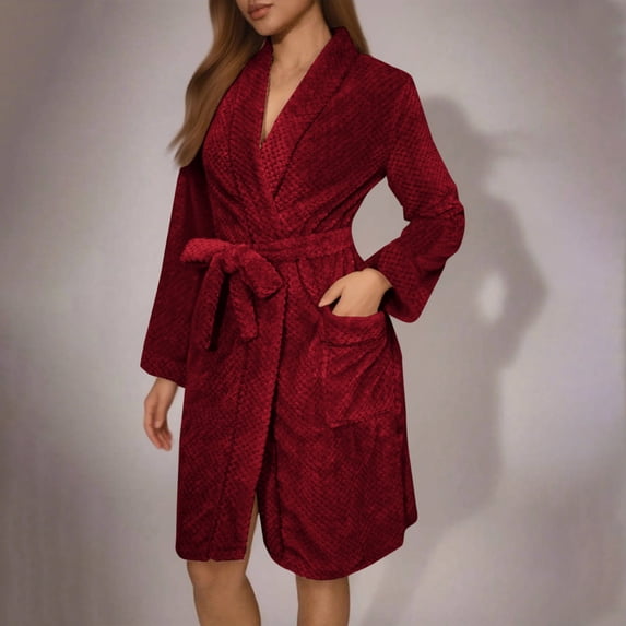 FDGIU Cozy Fleece Bathrobe for Women, Long Robe with Belt, Plush Flannel House Coat for Women Plus Size