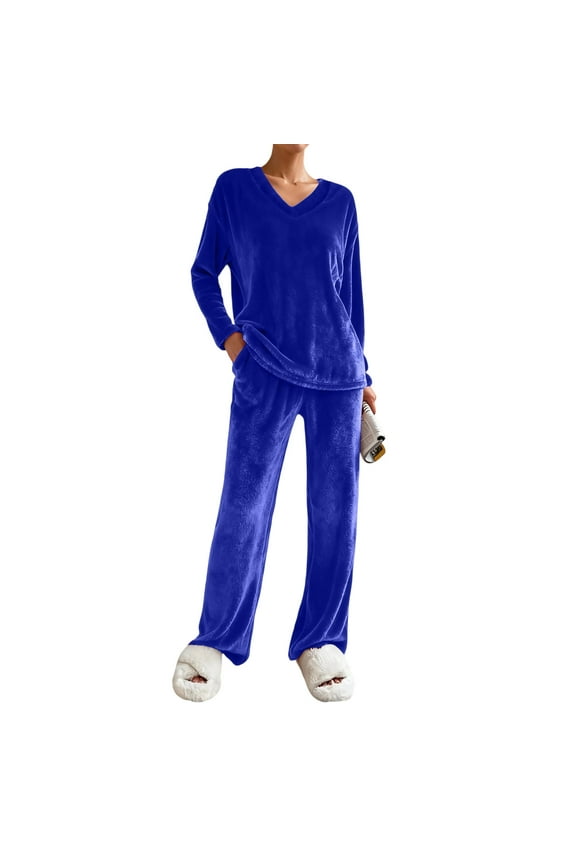Cozy Fleece Pajamas Set for Women‌, Loose Fit Winter Warm Sleepwear, Long Sleeve Winter Homewear Top & Pants