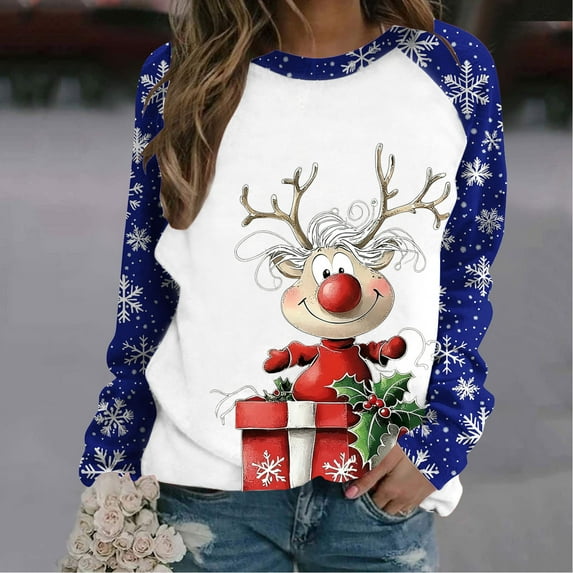 FDGIU Cute Christmas Pullover for Women, Long Sleeve Tunic Sweatshirt with Holiday Print, Loose Fit Crewneck Warm Top