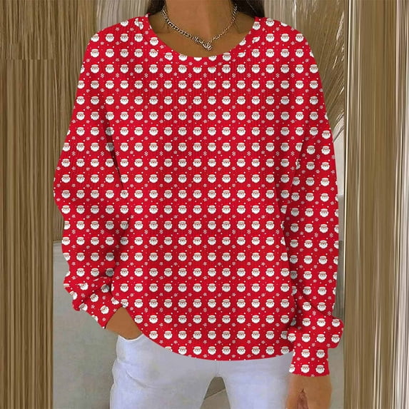 FDGIU Cute Christmas Pullover for Women, Long Sleeve Tunic Sweatshirt with Holiday Print, Loose Fit Crewneck Warm Top