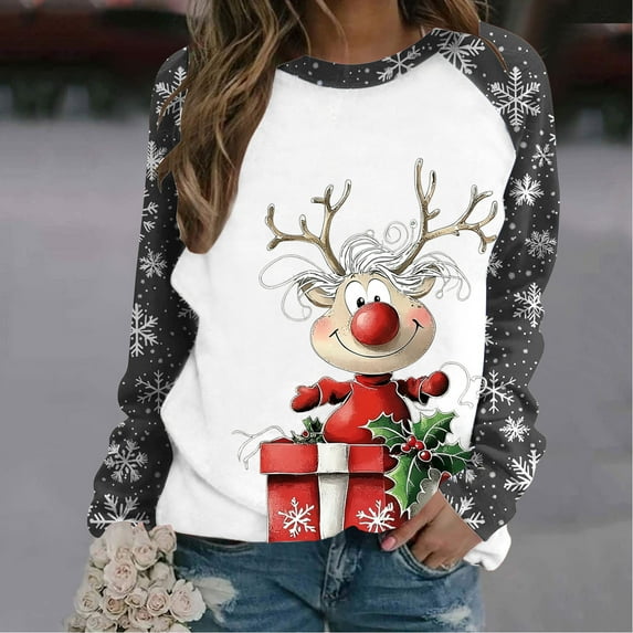FDGIU Cute Christmas Pullover for Women, Long Sleeve Tunic Sweatshirt with Holiday Print, Loose Fit Crewneck Warm Top
