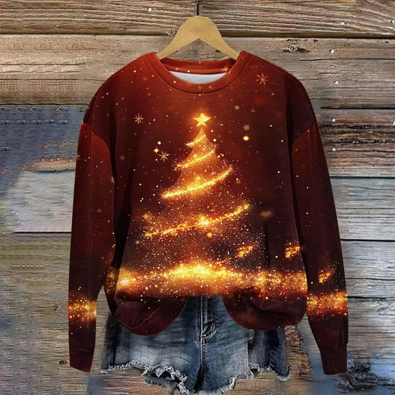 FDGIU Cute Christmas Pullover for Women, Long Sleeve Tunic Sweatshirt with Holiday Print, Loose Fit Crewneck Warm Top