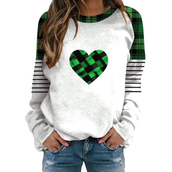 FDGIU Cute Saint Patrick's Day Pullover for Women - Soft Green Shamrock Print Long Sleeve Crew Neck Tunic Top