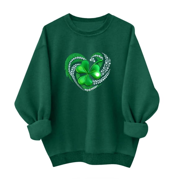 FDGIU Cute Saint Patrick's Day Pullover for Women - Soft Green Shamrock Print Long Sleeve Crew Neck Tunic Top