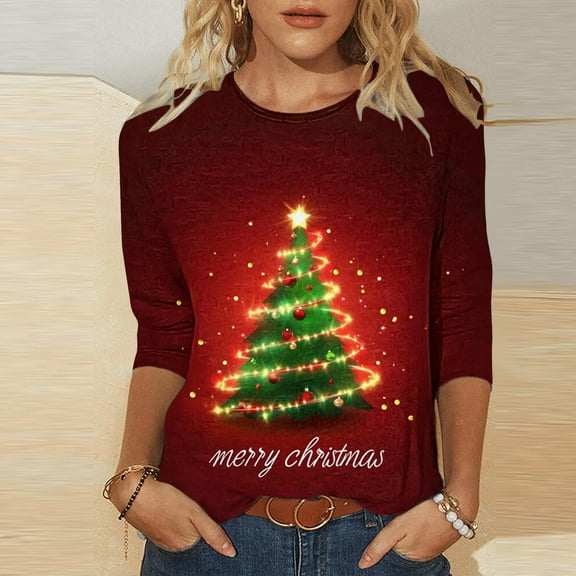 ‌FDGIU Funny Christmas Shirts for Women - Cute Xmas Tree Print 3/4 Sleeve Blouses, Holiday Tops with Crew Neck, Funny Christmas Tops