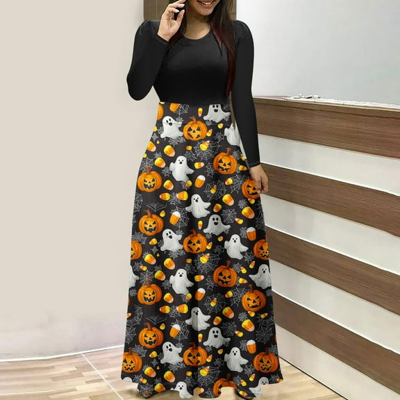 FDGIU Halloween Costumes Women's Fashion Printed Long Sleeve Round Neck Pullover Patchwork Dress Womens Dress Long Lantern Sleeve