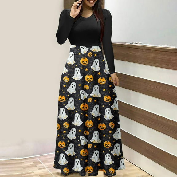 FDGIU Halloween Costumes Women's Fashion Printed Long Sleeve Round Neck Pullover Patchwork Dress Womens Dress Long Lantern Sleeve